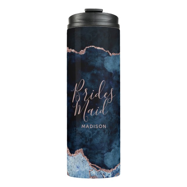 Navy Blue & Rose Gold Foil Agate Marble Bridesmaid Thermal Tumbler (Front)