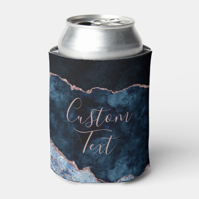 Navy Blue Rose Gold Foil Agate Marble Custom Text Can Cooler (Can Front)