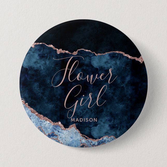 Navy Blue Rose Gold Foil Agate Marble Flower Girl 3 Inch Round Button (Front)