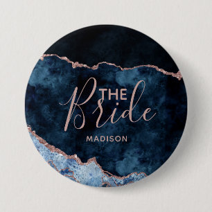Navy Blue & Rose Gold Foil Agate Marble the Bride 3 Inch Round Button