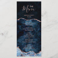 Navy Blue Rose Gold Foil Agate Marble Wedding Menu