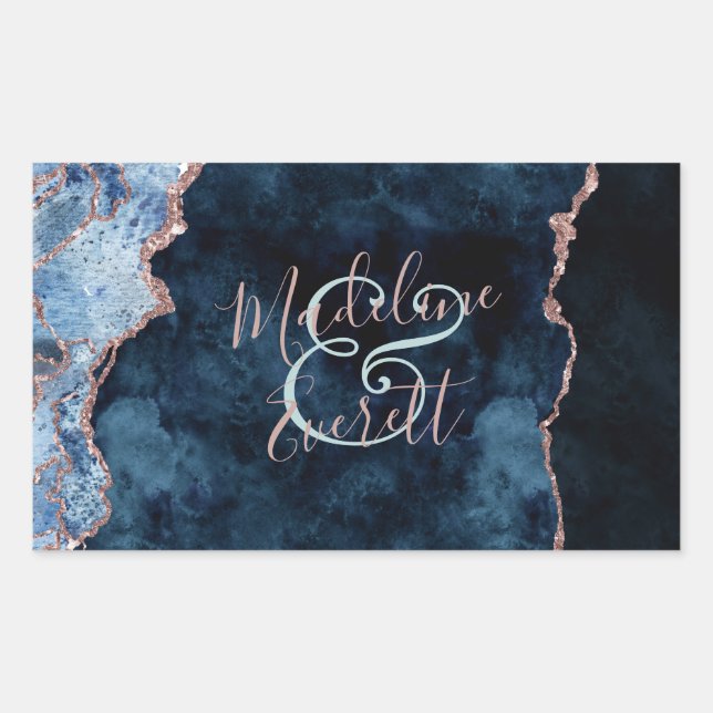Navy Blue Rose Gold Foil Agate Monogram Wedding Sticker (Front)