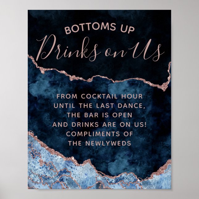 Navy Blue Rose Gold Foil Agate Open Bar Table Sign (Front)
