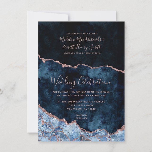 Navy Blue Rose Gold Foil Agate Wedding Invitations (Front)
