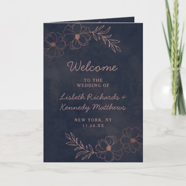 Navy Blue & Rose Gold Foil Chic Wedding Ceremony Program (Front)