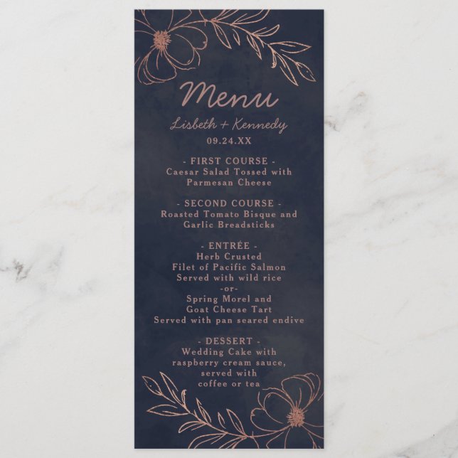 Navy Blue & Rose Gold Foil Floral Border Dinner Menu (Front)
