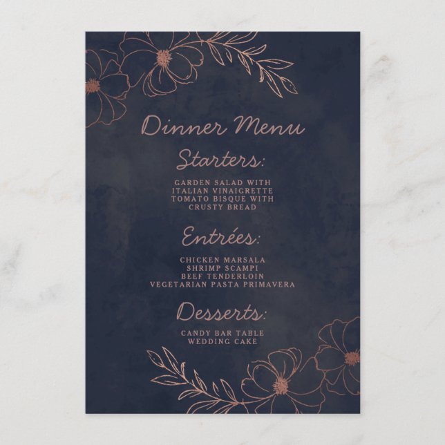 Navy Blue & Rose Gold Foil Floral Border Dinner Menu (Front)