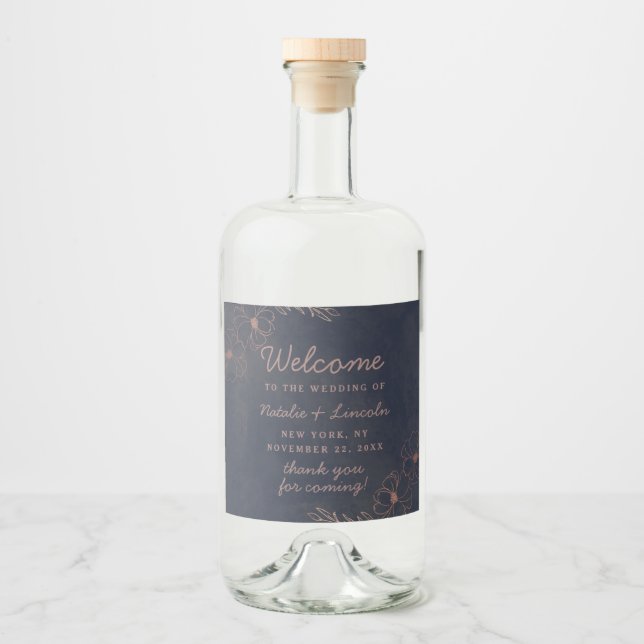 Navy Blue & Rose Gold Foil Floral Wedding Welcome Liquor Bottle Label (Front)