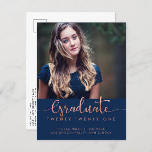 Navy Blue Rose Gold Foil Graduation Script Photo Announcement Postcard