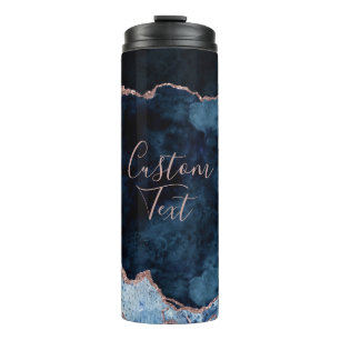 Navy Blue Rose Gold Foil Marble Agate Custom Text Thermal Tumbler
