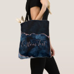 Navy Blue Rose Gold Foil Marble Agate Custom Text Tote Bag<br><div class="desc">Navy Blue & Rose Gold Foil Watercolor Marble Agate Gilded Geode Design,  with Modern and Script fonts. Trendy and Chic Custom Text Tote Bag! ~ Check my shop to see the entire suite for this design!</div>