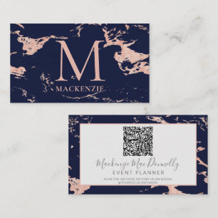 Navy Blue Rose Gold Foil Marble Monogram QR Code Business Card