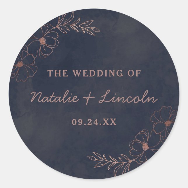 Navy Blue & Rose Gold Foil Monogram Rustic Wedding Classic Round Sticker (Front)