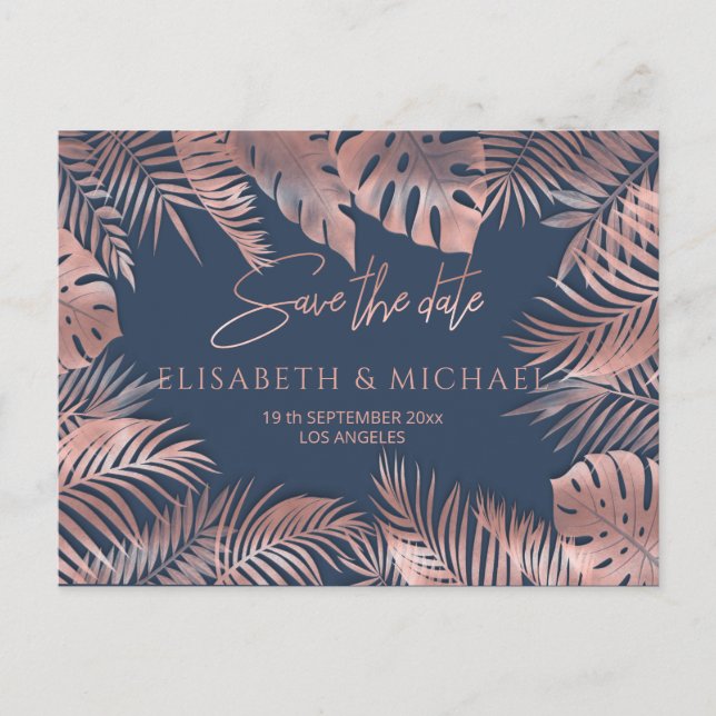 Navy blue rose gold foil tropical leaves romantic announcement postcard (Front)