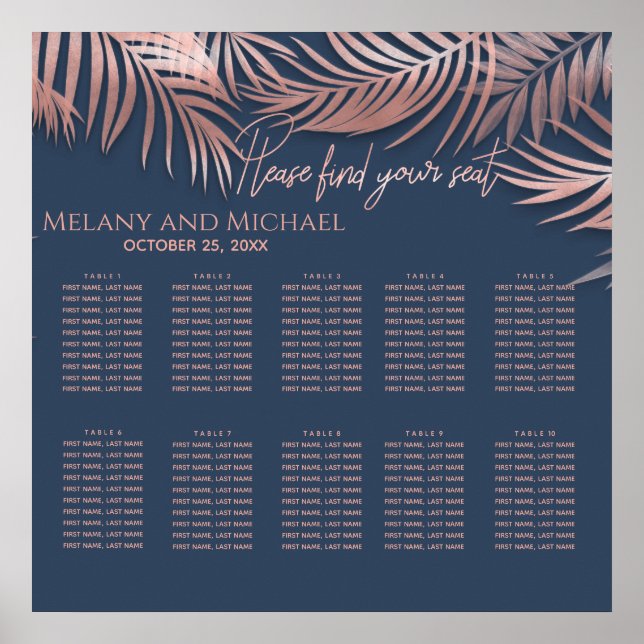 Navy blue rose gold foil  tropical leaves romantic poster (Front)
