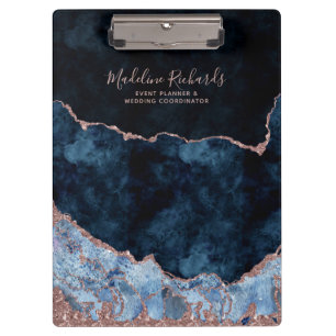 Navy Blue & Rose Gold Foil Watercolor Marble Agate Clipboard