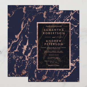 Navy blue rose gold frame marble wedding invitation
