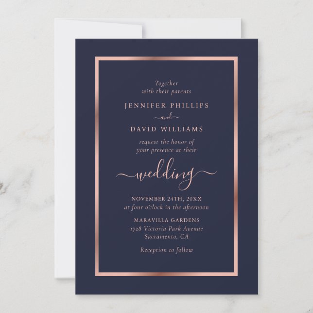 Navy Blue Rose Gold Frame Wedding Invitation (Front)