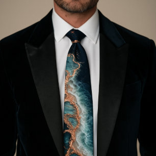 Navy Blue & Rose Gold Geode Ocean Wave Formal Tie