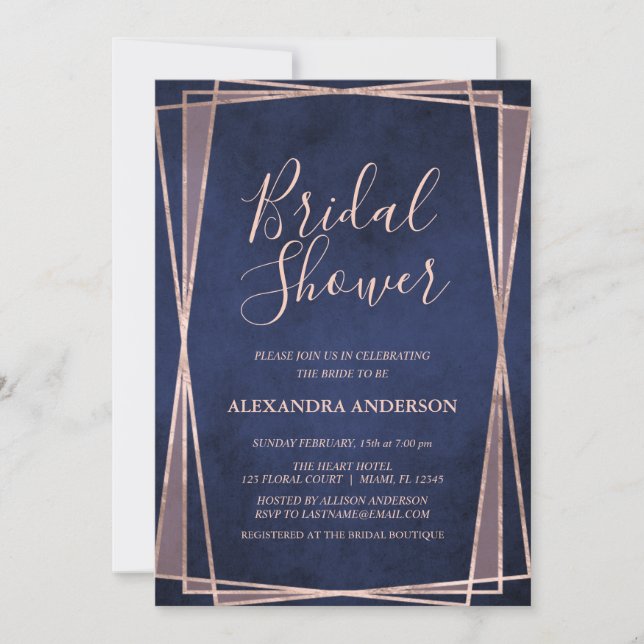 Navy Blue Rose Gold Geometric Bridal Shower Invitation (Front)