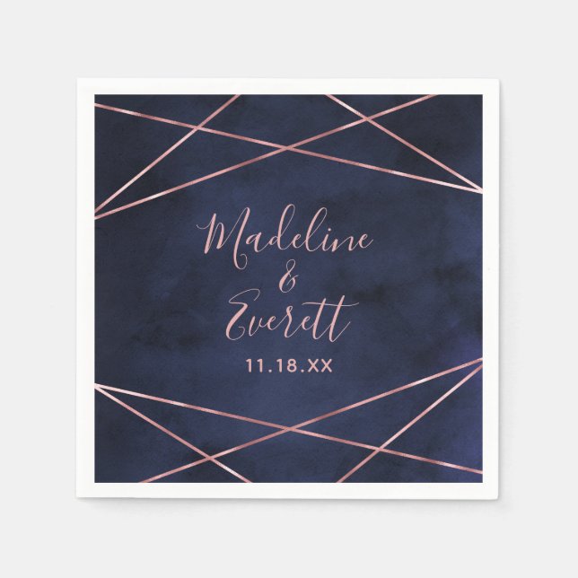 Navy Blue & Rose Gold Geometric Wedding Monogram Napkin (Front)