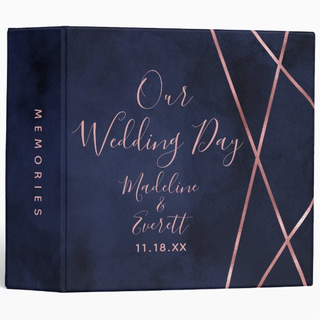 Navy Blue Rose Gold Geometric Wedding Photo Album Binder (Front/Spine)