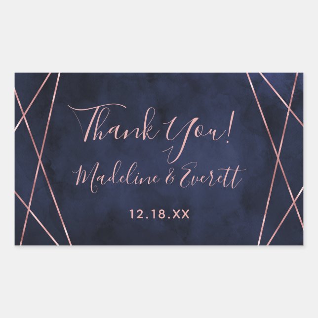 Navy Blue & Rose Gold Geometric Wedding Thank You Sticker (Front)