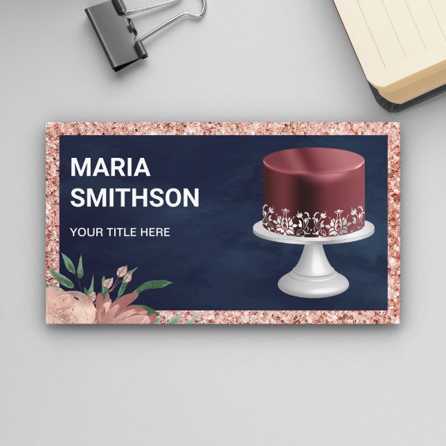 Navy Blue Rose Gold Glitter Burgundy Cake Bakery Business Card (Creator Uploaded)
