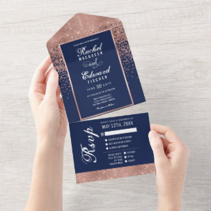 Navy Blue Rose Gold Glitter Confetti Wedding RSVP All In One Invitation