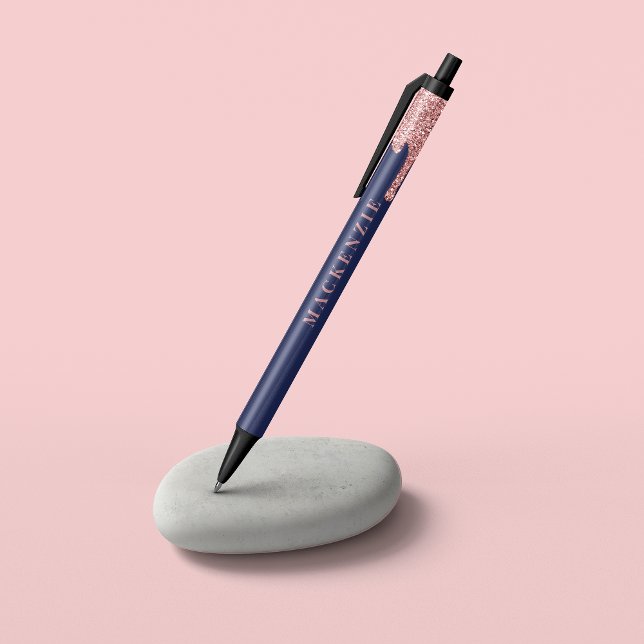 Navy Blue Rose Gold Glitter Dripping Luxury Black Ink Pen (Creator Uploaded)