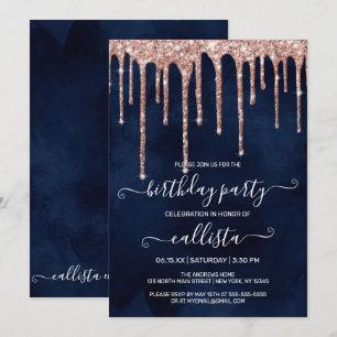 Navy Blue Rose Gold Glitter Drips Birthday Party Invitation
