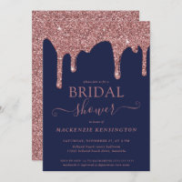 Navy Blue Rose Gold Glitter Drips Bridal Shower