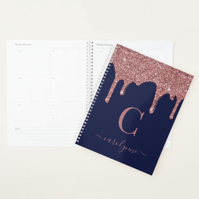 Navy Blue Rose Gold Glitter Drips Luxury Monogram Planner (Display)