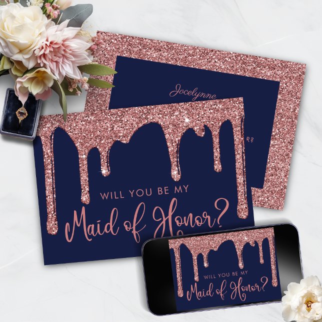 Navy Blue Rose Gold Glitter Drips Maid of Honour Invitation (Navy Blue Rose Gold Glitter Drips Maid of Honor Proposal)