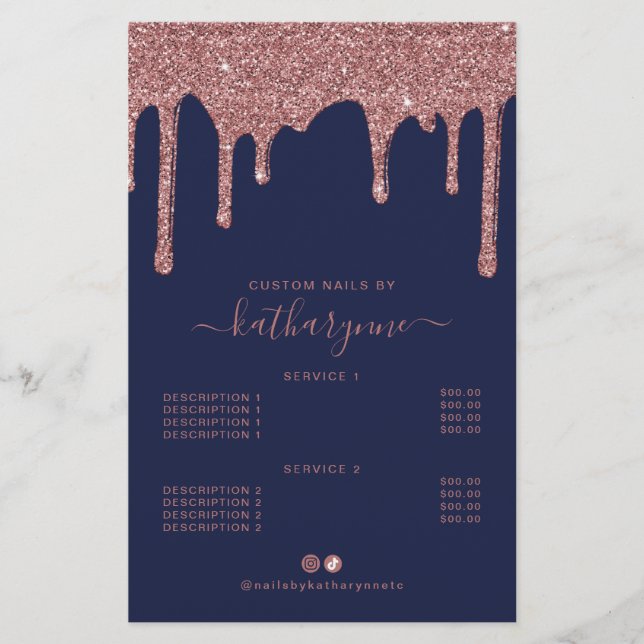 Navy Blue Rose Gold Glitter Drips Price List Flyer (Front)