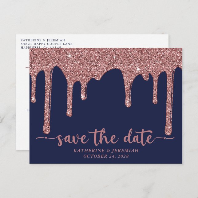 Navy Blue Rose Gold Glitter Drips Save The Date Announcement Postcard (Front/Back)