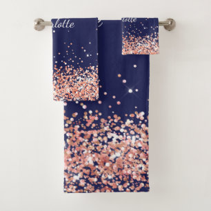 Navy blue rose gold glitter dust girl name bath towel set