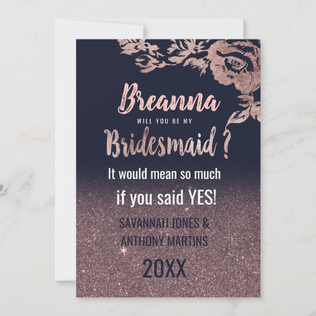 Navy Blue Rose Gold Glitter Floral Bridesmaids Invitation (Front)