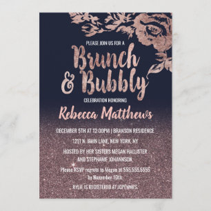 Navy Blue Rose Gold Glitter Floral Brunch Bubbly Invitation