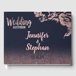 Navy Blue Rose Gold Glitter Floral Guestbook