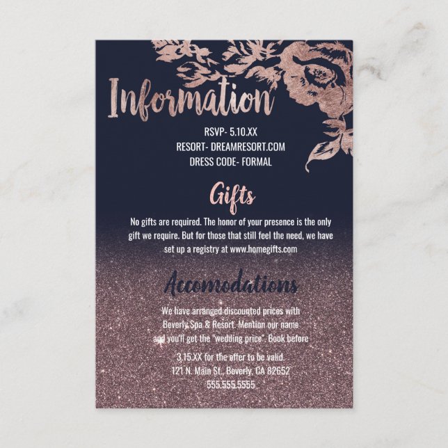 Navy Blue Rose Gold Glitter Floral Wedding Details Enclosure Card (Front)