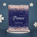 Navy blue rose gold glitter name appointment 2024 planner<br><div class="desc">Navy blue background. Rose gold,  blush faux glitter dust.  Personalize and add a year and name.  White letters.</div>