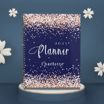 Navy blue rose gold glitter name appointment 2025 planner<br><div class="desc">Navy blue background. Rose gold,  blush faux glitter dust.  Personalize and add a year and name.  White letters.</div>