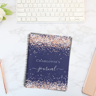 Navy blue rose gold glitter name script journal