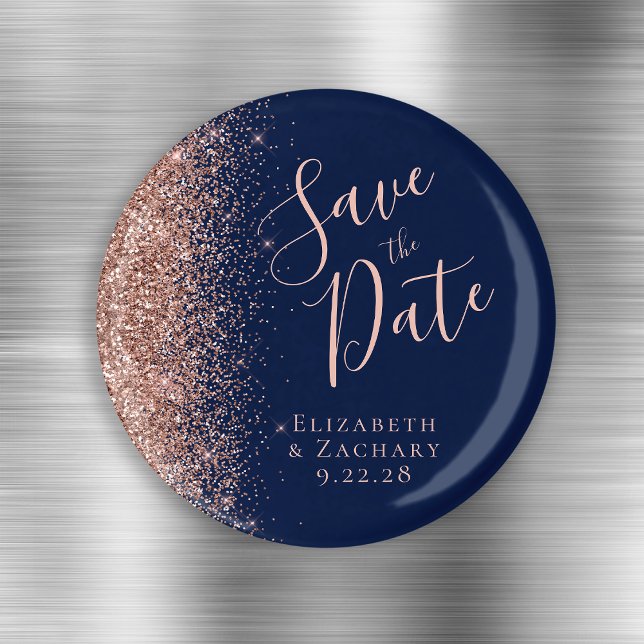 Navy Blue Rose Gold Glitter Script Save the Date Magnet (Creator Uploaded)