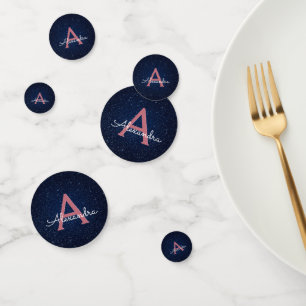 Navy Blue - Rose Gold Glitter Sparkle Monogram Confetti