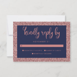 Navy Blue Rose Gold Glitter Wedding Guest RSVP Card