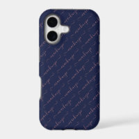 Navy Blue Rose Gold Handwritten Script Name