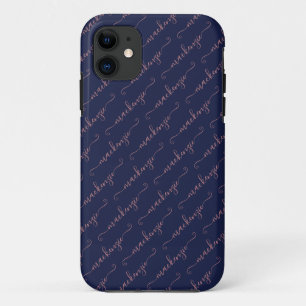 Navy Blue Rose Gold Handwritten Script Name iPhone 11 Case
