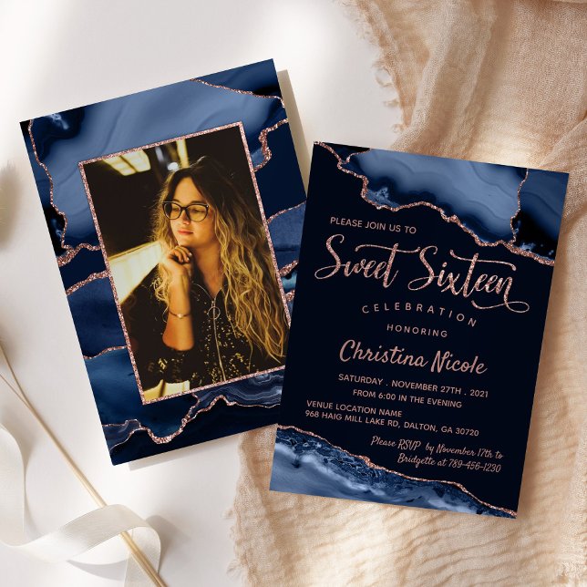 Navy Blue Rose Gold Marble Agate Sweet 16 Photo Invitation (Creator Uploaded)